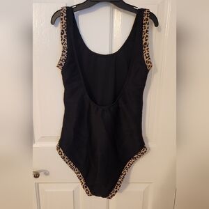 Womens Pink Lily Black One-Piece with Leopard-Print Trim